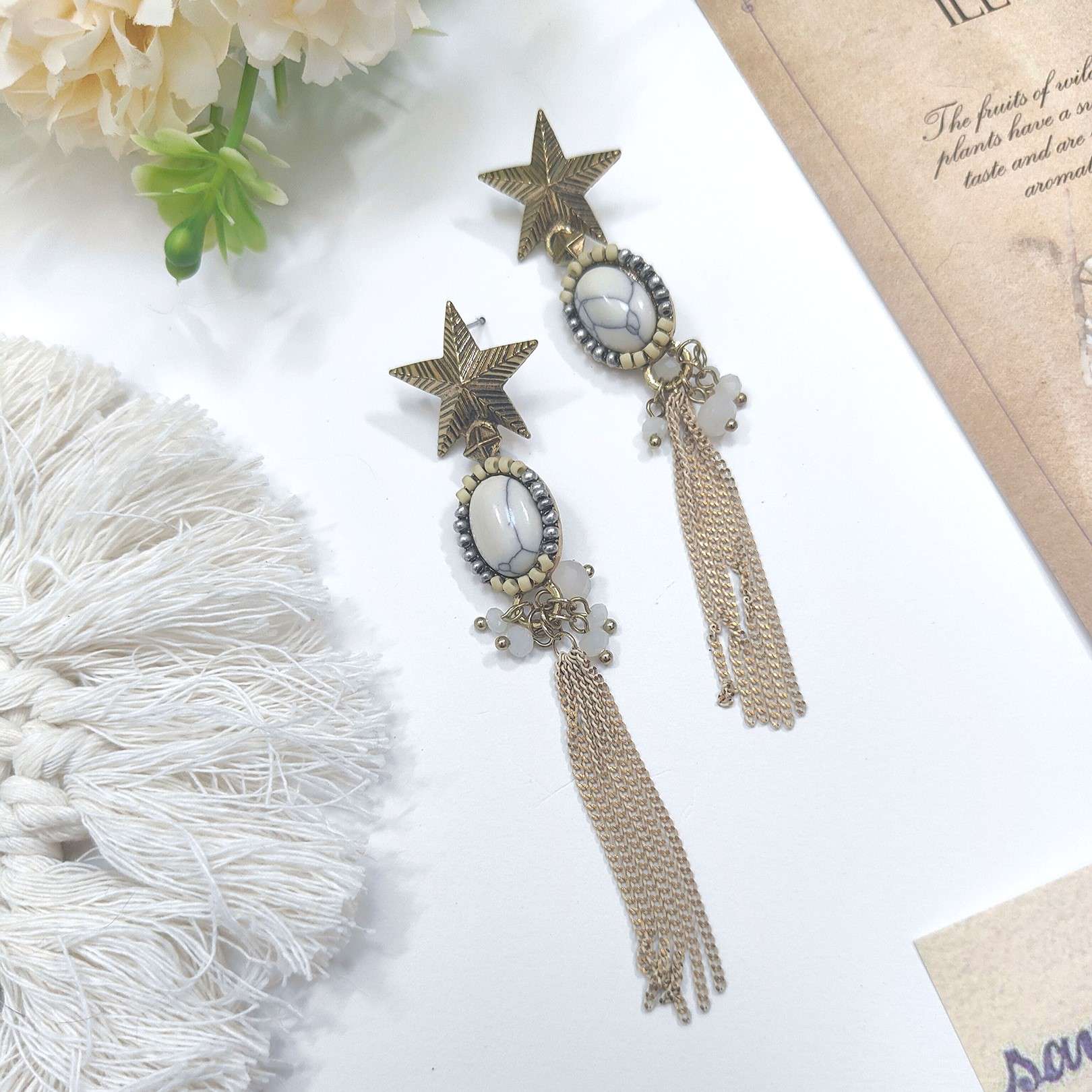 Howlite Star Tassel Dangle Earrings