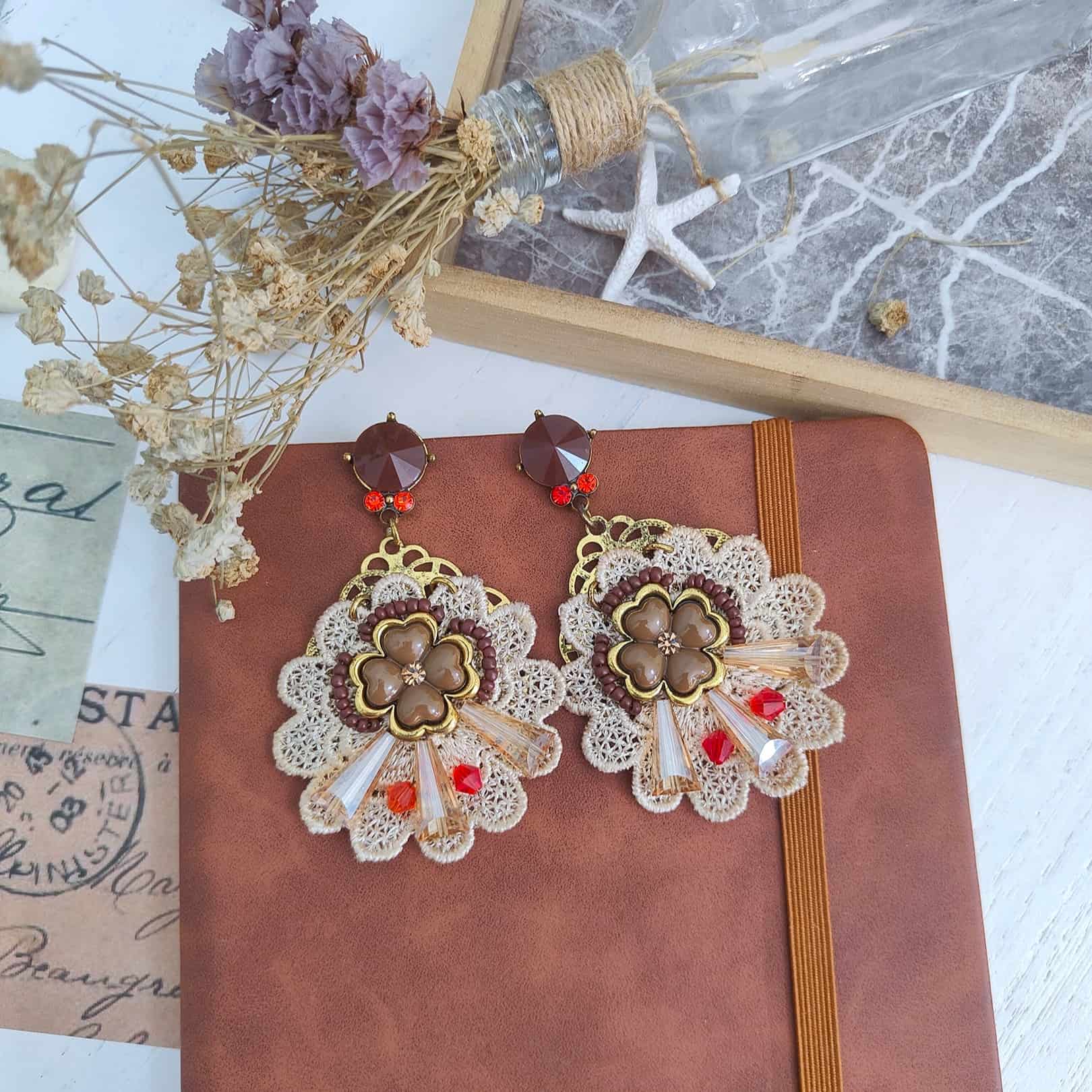 Rustic Preppy Cottage Core Woven Lace Crystal Statement Earrings