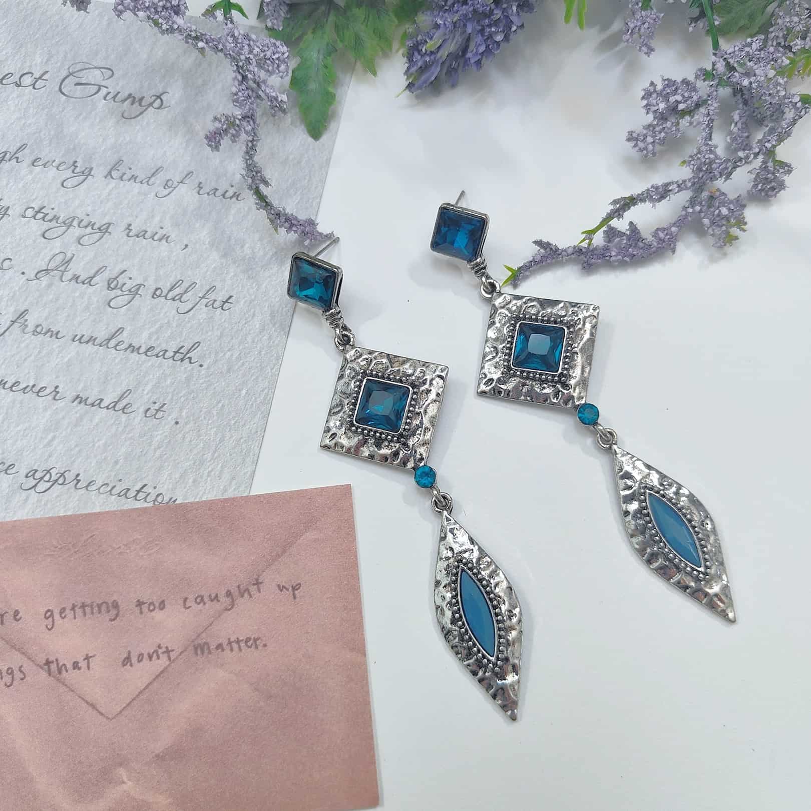 Silver Blue Azurine Crumpled Metallic Earrings