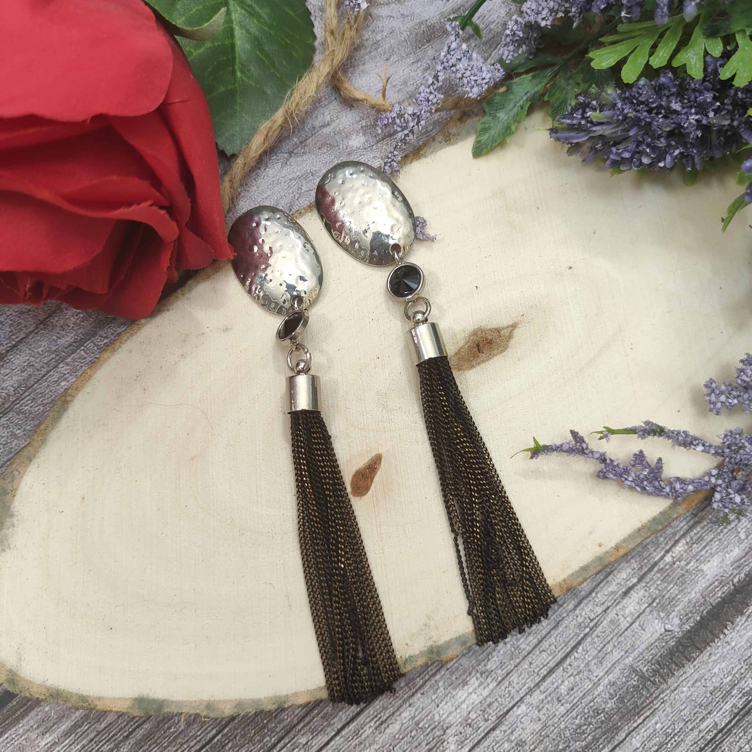 Silver Textured Ellipse Tassel Earrings