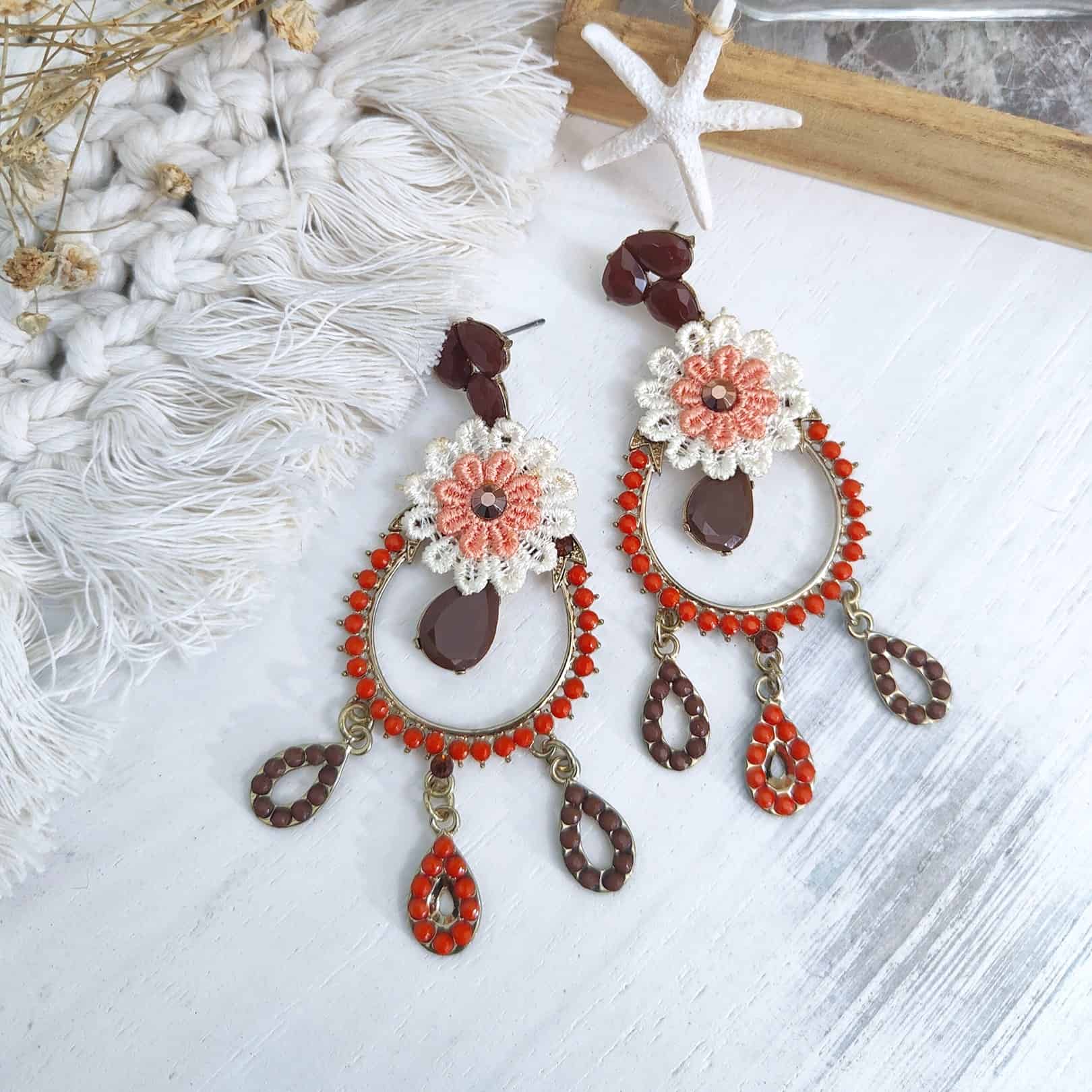Woven Cherry Flower Arch Drop Earrings