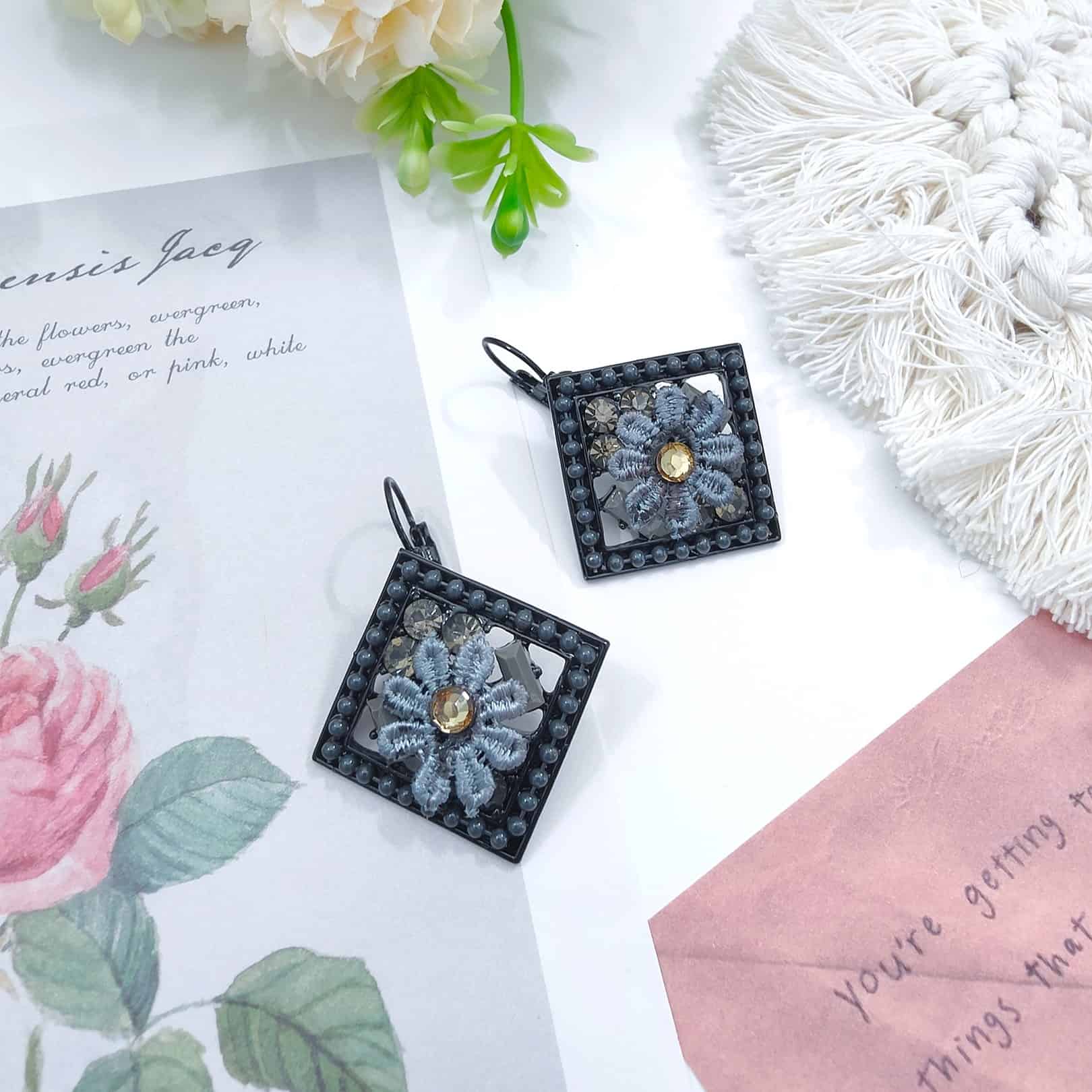 Black Bloom Square Frame Leverback Earrings