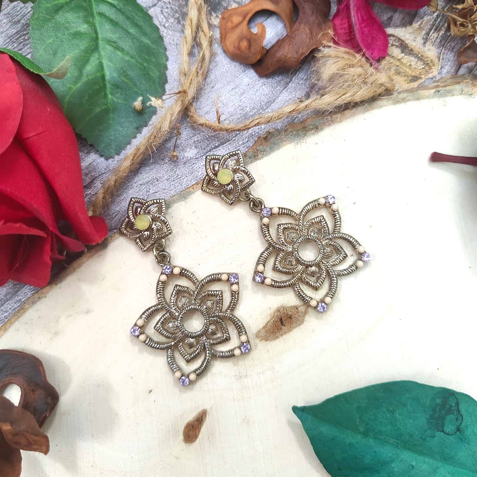 Golden Lotus Rhinestone Drop Earrings