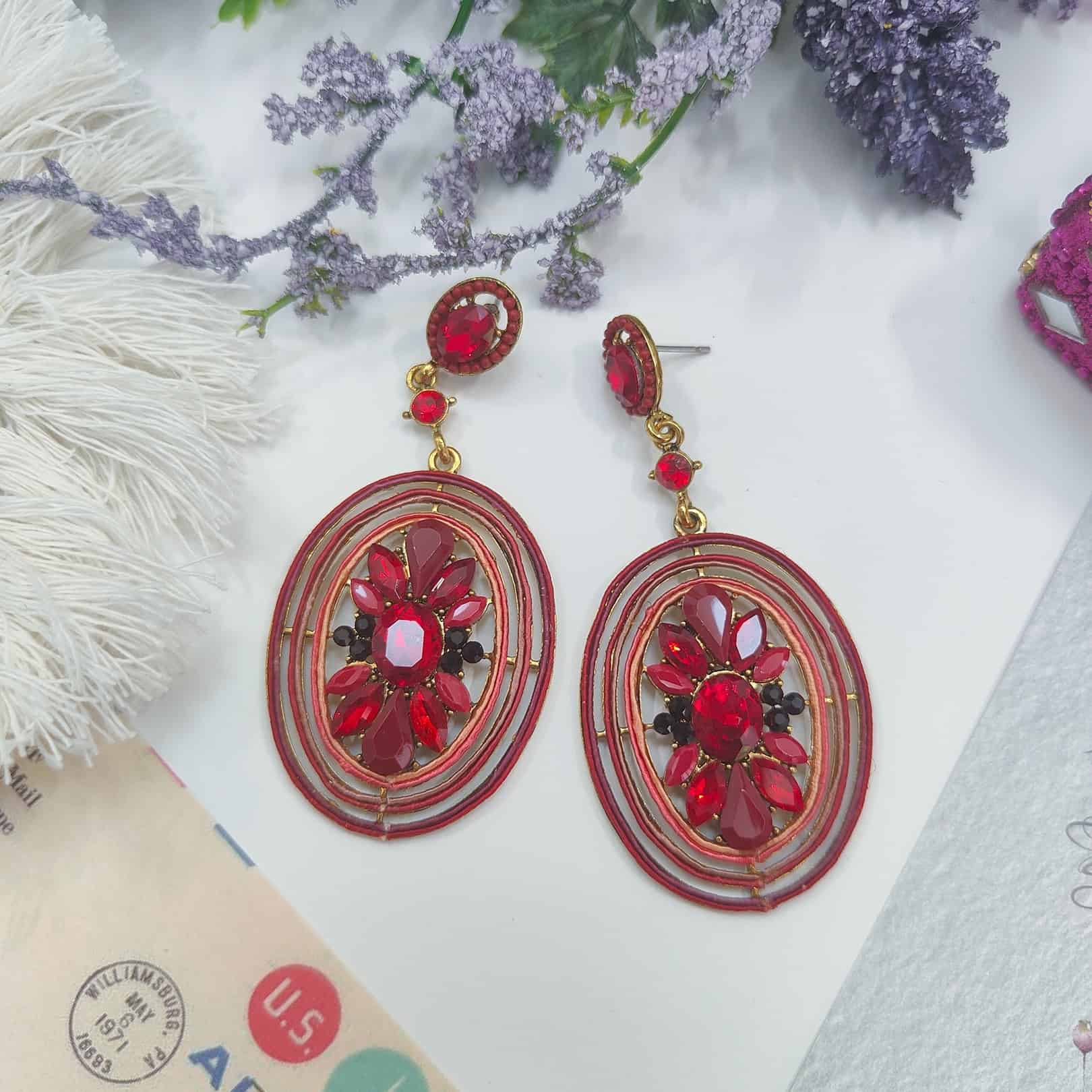 Ruby Mirror Rhinestone Design Earrings