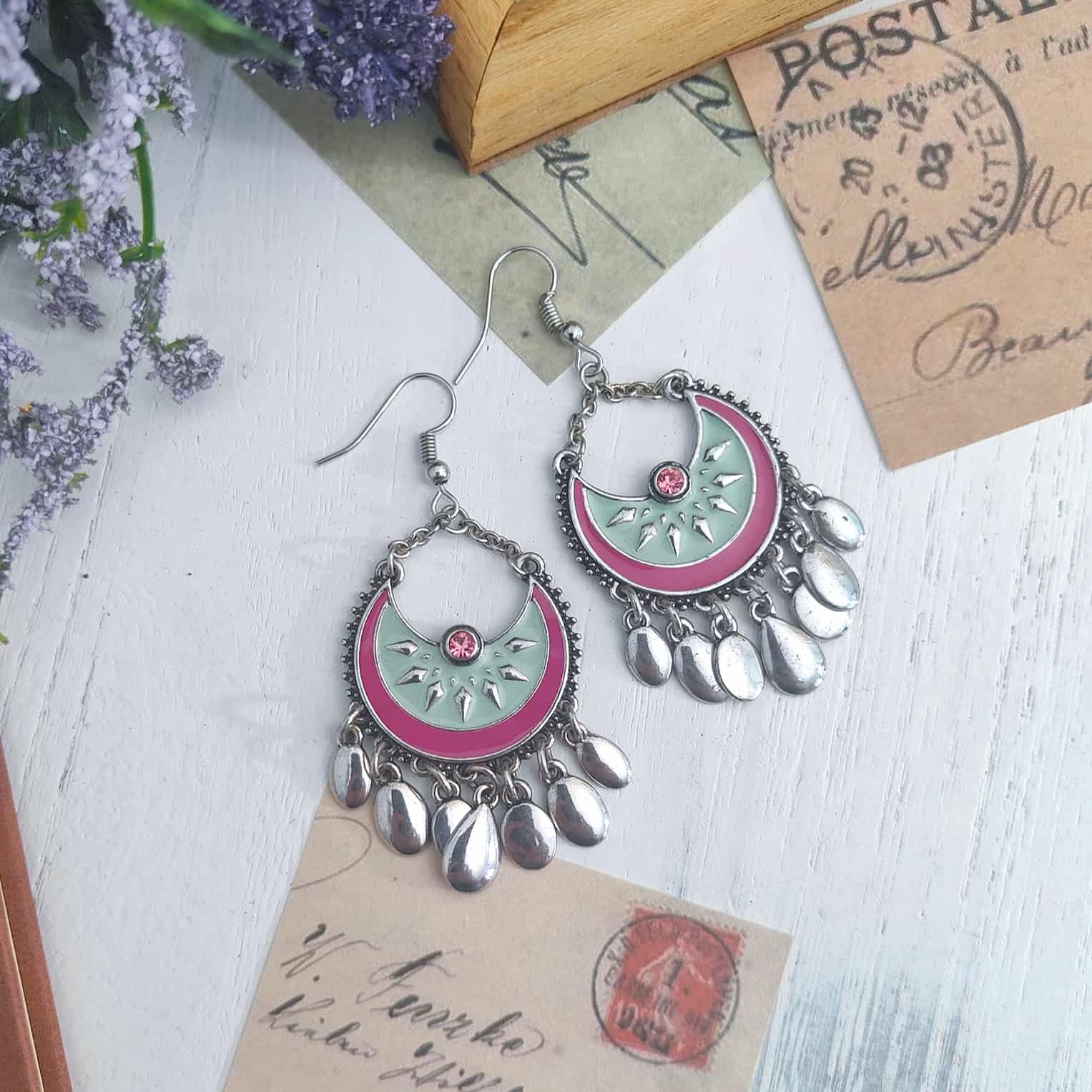 Silver Ethnic Crescent Moon Earrings