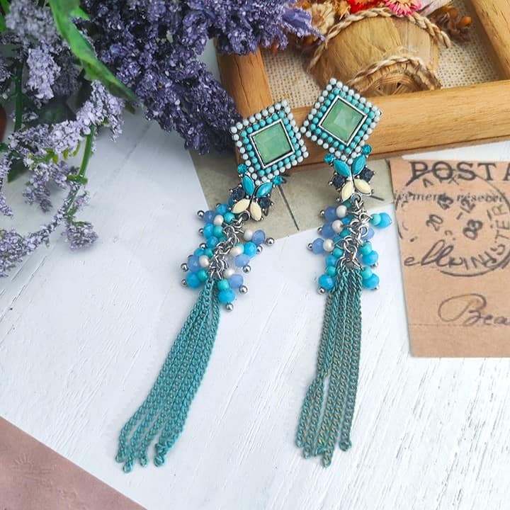 Sky Blue Cluster Beaded Tassel Earrings