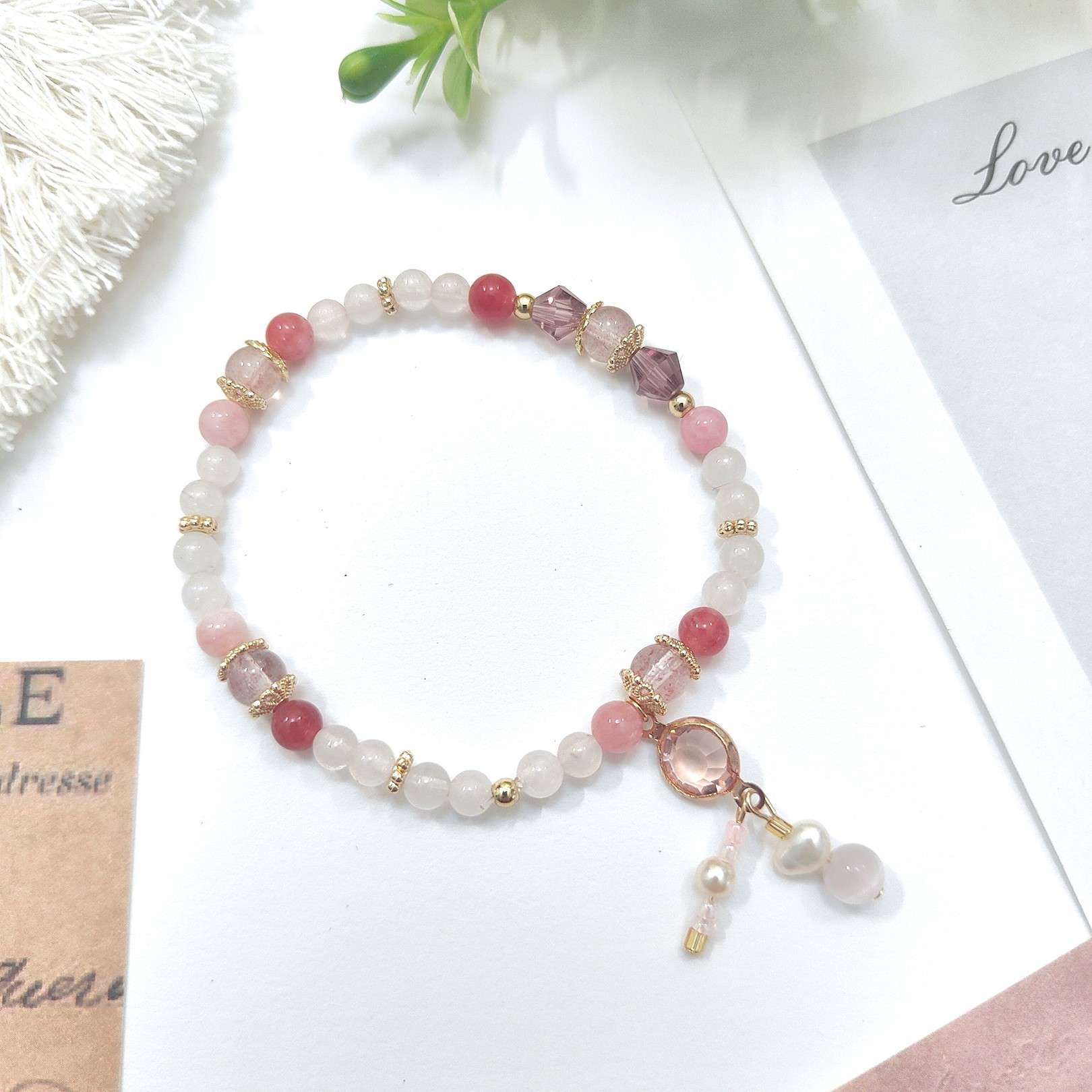 strawberry rose quartz crystal bracelet