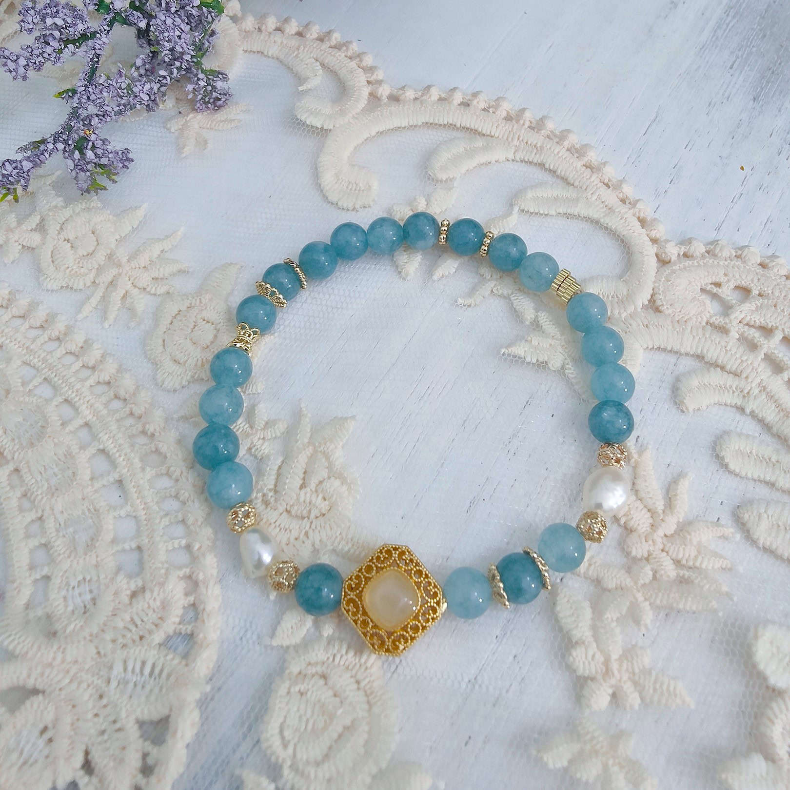 Icy Blue Jade Baroque Pearl Oriental Bracelet
