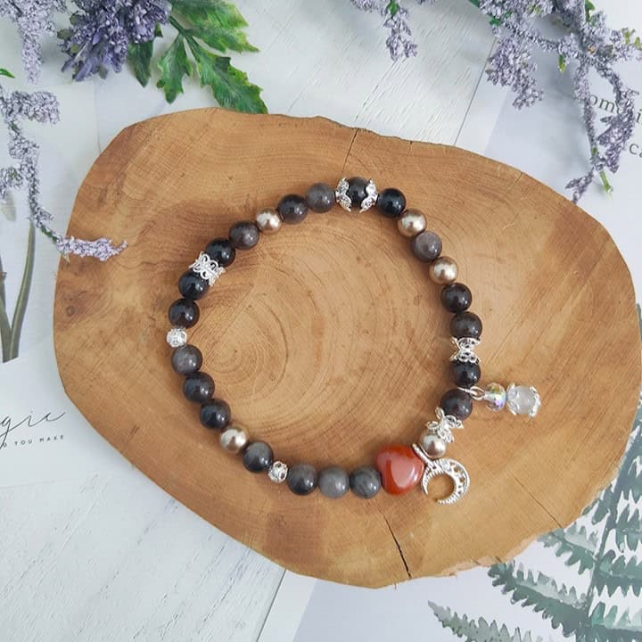 Silver Obsidian Accent Red Agate Heart Bracelet