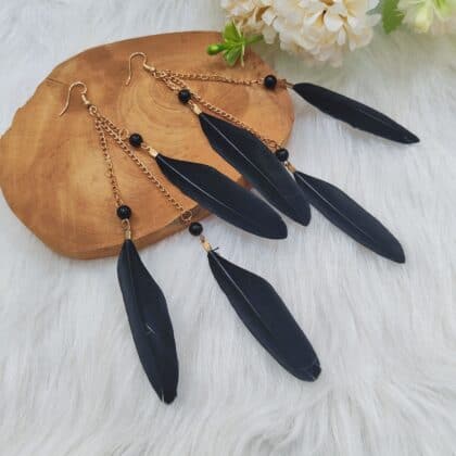 Dulciana Black Boho Dangle Feather Earrings