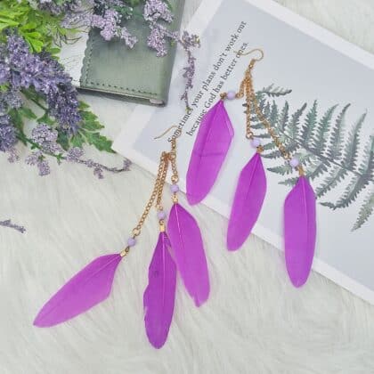 Dulciana Purple Boho Dangle Feather Earrings