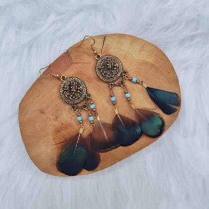 Gold Emblem Green Pheasant Drop Earrings