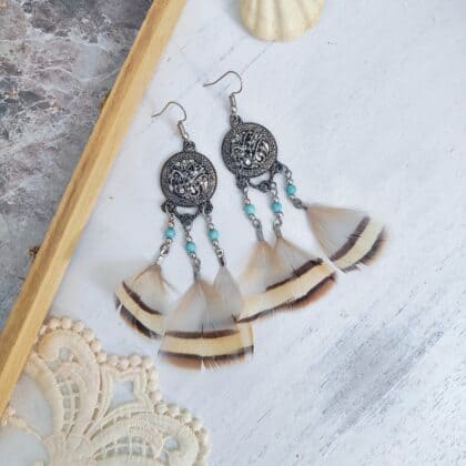 Silver Emblem Ivory Chukar Pheasant Petite Feather Earrings