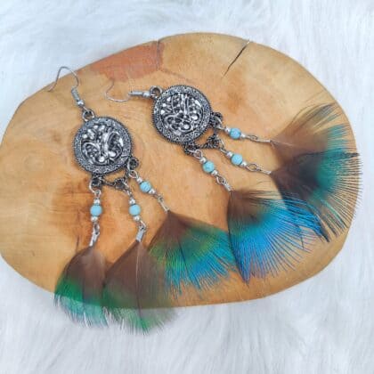 Silver Emblem Blue Green Peacock Petite Feather Earrings