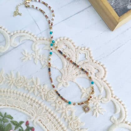 Sun with Earth Picasso Jasper Turquoise Gold Zircon Crystal Necklace