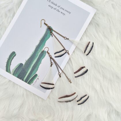 Two-toned Turkey Tail Feather Brass Drop Earrings