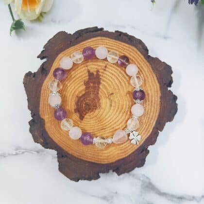 Amethyst with Clear and Rose Quartz Trinity Clover Crystal Bracelet