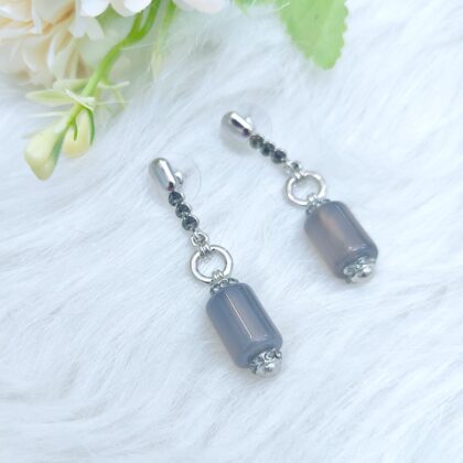 Silver Geometric Grey Agate Statement Earrings