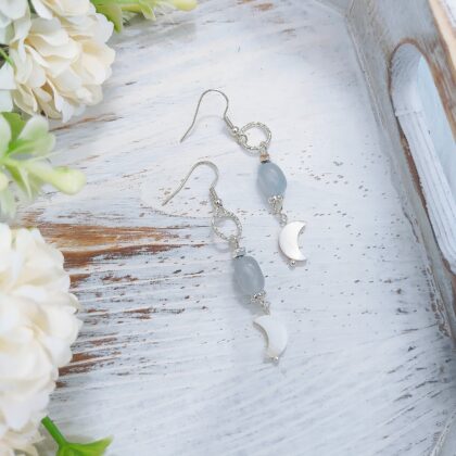 Sky Blue Aqumarine Crescent Moon Crystal Dangle Earrings