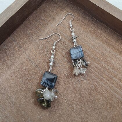 Black Lace Agate Green Rutilated Quartz Crystal Dangle Earrings