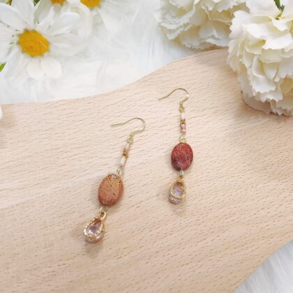Gold Coral Fossil Stone Teardrop Crystal Dangle Earrings