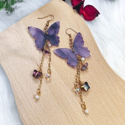 Purple Gold Mariposa Butterfly Linked Crystal Dangle Earrings