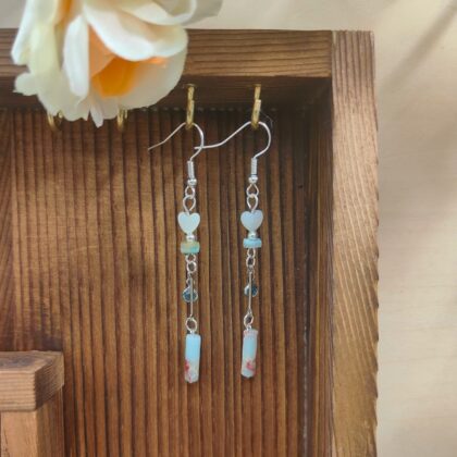 Silver Blue Koreite Heart Crystal Dangle Earrings