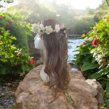 white flower crown with leaf twine