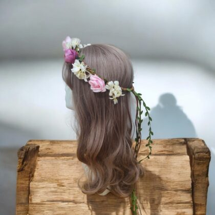 pink white flower crown with leaf twine