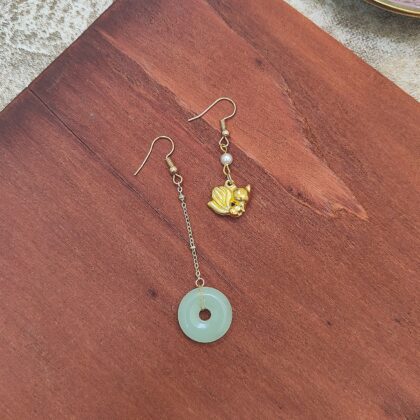 asymm auspicious fox jade coin earrings