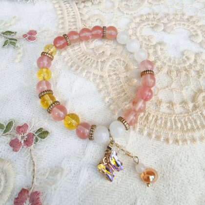 Watermelon Quartz Citrine Lychee Agate Crystal Bracelet