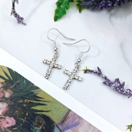 Silver Cross Rhinestone Drop Earrings