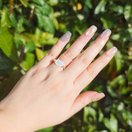 Silver Lipped Pearl Oyster Cat Elastic Beaded Natural Stone Ring