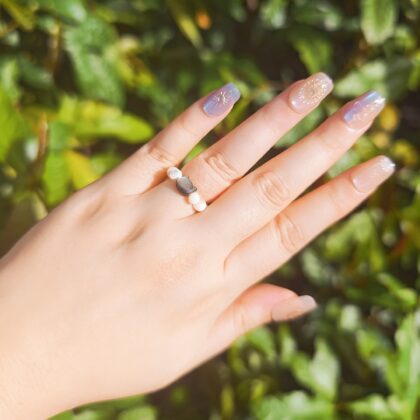 Silver Obsidian Cat Elastic Seashell Elastic Beaded Natural Stone Ring