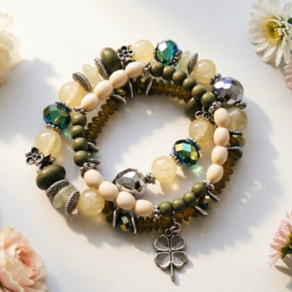 Olive Luminous Clover Stacked Bracelets